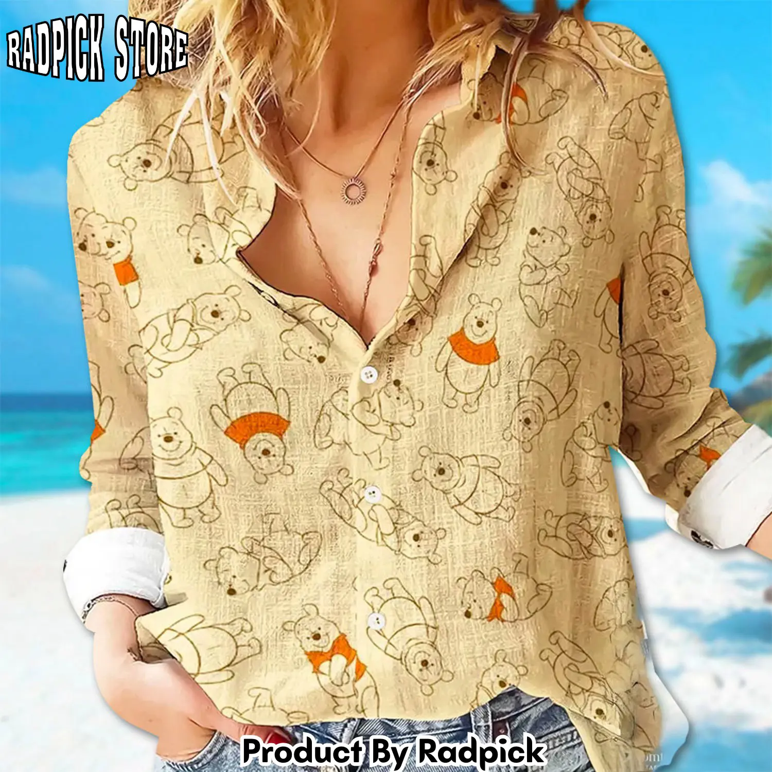Radpick winnie the pooh women casual shirt winnie pooh linen shirt pooh bear linen casual shirt cartoon shirt for women magic kingdom trip rp6623